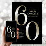 Modern Black Gold 60th Birthday Party Kaart<br><div class="desc">Nodig je vrienden en geliefden uit met deze moderne zwarte en gouden 60e verjaardagsfeestuitnodiging. Met het aanpasbare tekstgebied in deze uitnodigings-sjabloon kunt u moeiteloos alle benodigde gegevens voor uw speciale verjaardagsfeest opnemen, inclusief de datum, tijd, locatie en RSVP-informatie. Een verscheidenheid aan papiersoorten en hoekstijlen zijn beschikbaar voor uw unieke uitnodigingen,...</div>