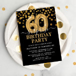 Modern Black & Gold 60th Surprise Birthday Party Kaart<br><div class="desc">Moderne uitnodiging voor een verrassing voor een verrassing voor iemand die 60 wordt! Met een zwarte achtergrond,  faux goudglitter confetti,  gouden 60ste verjaardagsballonnen en een elegante verjaardagssjabloon die gemakkelijk te aanpassen is.</div>