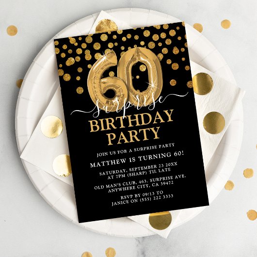 Modern Black & Gold 60th Surprise Birthday Party Kaart