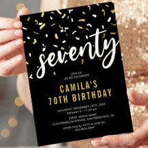 Modern Black & Gold 70th Birthday Party Invitation