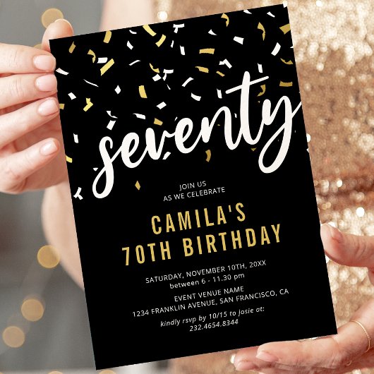 Modern Black & Gold 70th Birthday Party Invitation Kaart