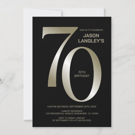 Modern Black Gold 70th Birthday Party Kaart (Voorkant)