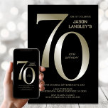Modern Black Gold 70th Birthday Party Kaart<br><div class="desc">Nodig je vrienden en geliefden uit met deze moderne zwarte en gouden 70e verjaardagsfeestuitnodiging. Met het aanpasbare tekstgebied in deze uitnodigings-sjabloon kunt u moeiteloos alle benodigde gegevens voor uw speciale verjaardagsfeest opnemen, inclusief de datum, tijd, locatie en RSVP-informatie. Een verscheidenheid aan papiersoorten en hoekstijlen zijn beschikbaar voor uw unieke uitnodigingen,...</div>