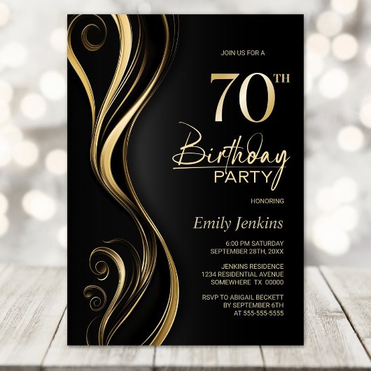 Modern Black Gold 70th Birthday Party Kaart