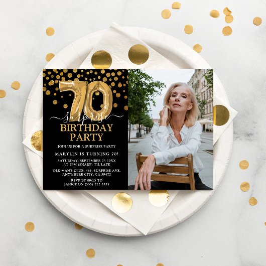 Modern Black & Gold 70th Surprise Birthday Foto Kaart