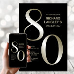 Modern Black Gold 80th Birthday Party Kaart<br><div class="desc">Nodig je vrienden en geliefden uit met deze moderne zwarte en gouden 80e verjaardagsfeestuitnodiging. Met het aanpasbare tekstgebied in deze uitnodigings-sjabloon kunt u moeiteloos alle benodigde gegevens voor uw speciale verjaardagsfeest opnemen, inclusief de datum, tijd, locatie en RSVP-informatie. Een verscheidenheid aan papiersoorten en hoekstijlen zijn beschikbaar voor uw unieke uitnodigingen,...</div>