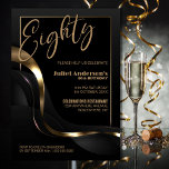 Modern Black Gold 80th Birthday Party Kaart<br><div class="desc">Vier uw 80ste verjaardag in stijl met onze chique en verfijnde zwarte feestuitnodiging. Met de aanpasbare tekst kunt u de uitnodiging personaliseren. Deze uitnodiging is voorzien van een fijn gouden lijst dat de tekst omsluit en een vleugje luxe toevoegt aan uw speciale gelegenheid. Het gouden en grijze abstracte golvende lintontwerp...</div>