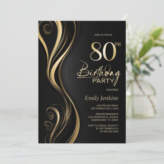 Modern Black Gold 80th Birthday Party Kaart (Staand voorkant)