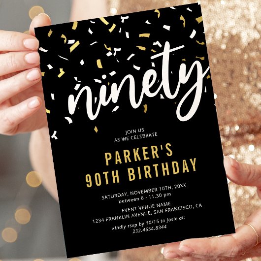 Modern Black & Gold 90th Birthday Party Invitation Kaart
