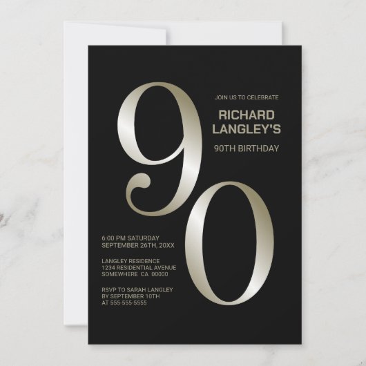 Modern Black Gold 90th Birthday Party Kaart (Voorkant)