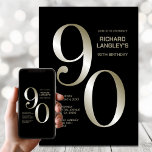 Modern Black Gold 90th Birthday Party Kaart<br><div class="desc">Nodig je vrienden en geliefden uit met deze moderne zwarte en gouden 90e verjaardagsfeestuitnodiging. Met het aanpasbare tekstgebied in deze uitnodigings-sjabloon kunt u moeiteloos alle benodigde gegevens voor uw speciale verjaardagsfeest opnemen, inclusief de datum, tijd, locatie en RSVP-informatie. Een verscheidenheid aan papiersoorten en hoekstijlen zijn beschikbaar voor uw unieke uitnodigingen,...</div>