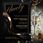 Modern Black Gold 90th Birthday Party Kaart<br><div class="desc">Vier je 90ste verjaardag in stijl met onze chique en verfijnde zwarte feestuitnodiging. Met de aanpasbare tekst kunt u de uitnodiging personaliseren. Deze uitnodiging is voorzien van een fijn gouden lijst dat de tekst omsluit en een vleugje luxe toevoegt aan uw speciale gelegenheid. Het gouden en grijze abstracte golvende lintontwerp...</div>
