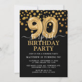 Modern Black & Gold 90th Surprise Birthday Party Kaart (Voorkant)