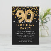 Modern Black & Gold 90th Surprise Birthday Party Kaart (Staand voorkant)