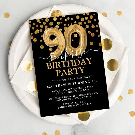 Modern Black & Gold 90th Surprise Birthday Party Kaart