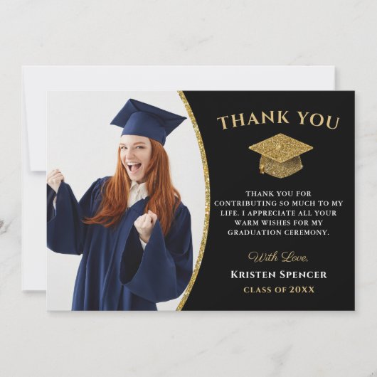 Modern Black Gold Afstuderen Foto Afstuderen Bedankkaart (Voorkant)