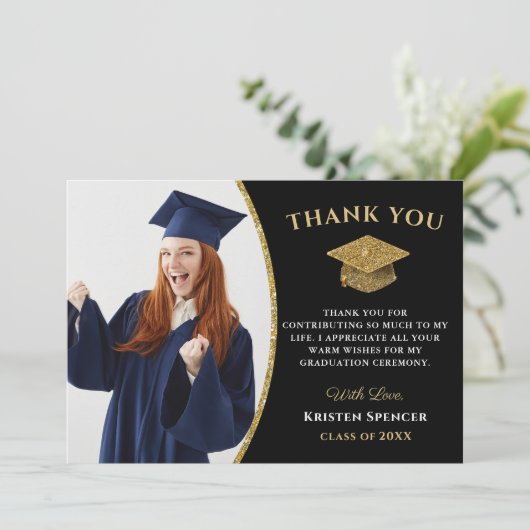 Modern Black Gold Afstuderen Foto Afstuderen Bedankkaart (Staand voorkant)