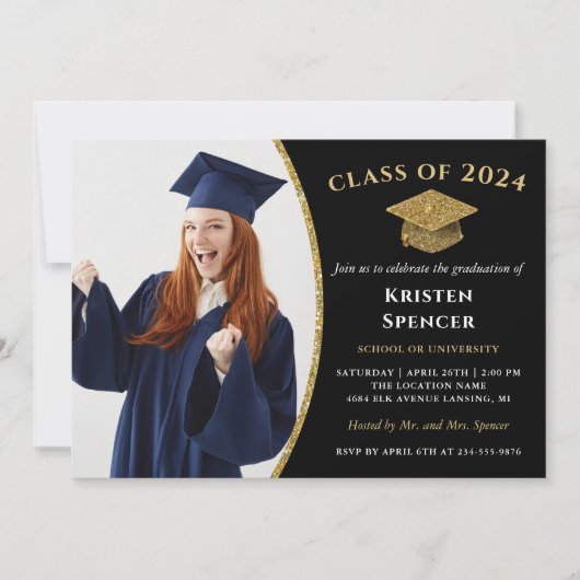 Modern Black Gold Afstuderen Foto Afstuderen Kaart (Voorkant)