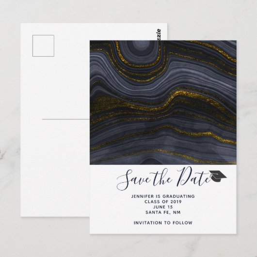 Modern Black & Gold Agaat Afstuderen Save the Date Briefkaart (Voorkant / Achterkant)