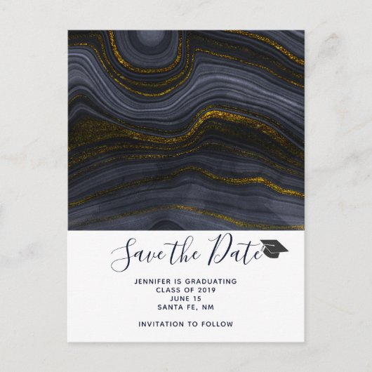 Modern Black & Gold Agaat Afstuderen Save the Date Briefkaart (Voorkant)
