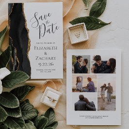 Modern Black Gold Agate 5-Foto Save the Date Kaart