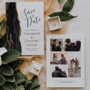 Modern Black Gold Agate 5-Foto Save the Date Kaart