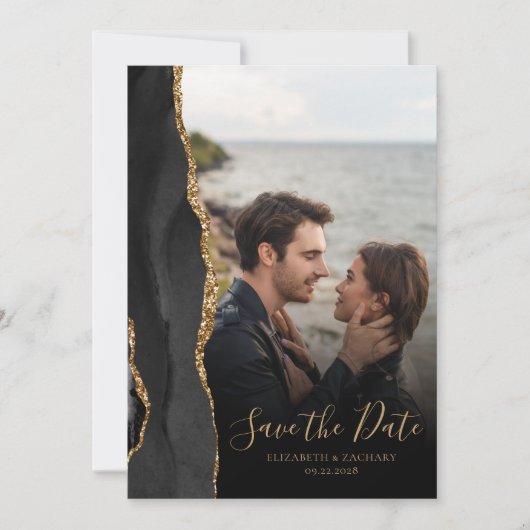 Modern Black Gold Agate 6-Foto Save the Date Kaart (Voorkant)