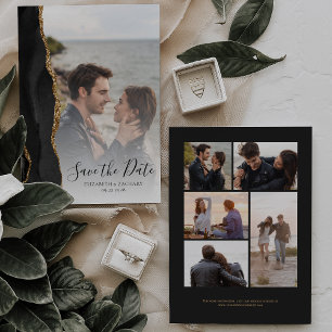 Modern Black Gold Agate 6-Foto Save the Date Kaart