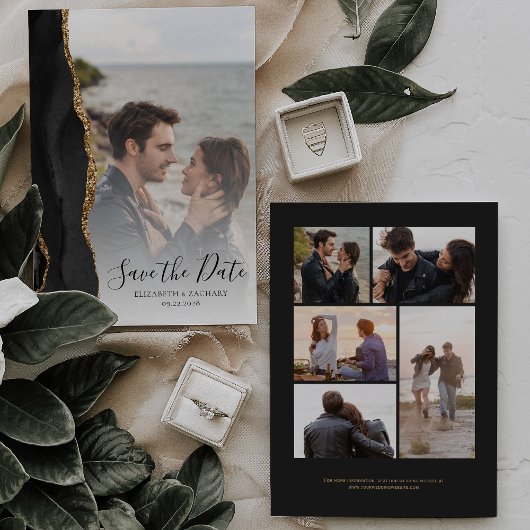 Modern Black Gold Agate 6-Foto Save the Date Kaart