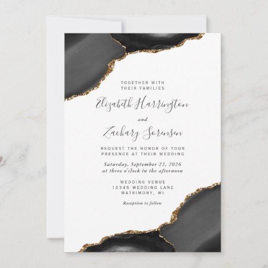 Modern Black Gold Agate Corners Wedding Kaart (Voorkant)