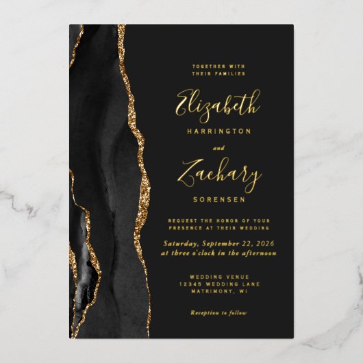 Modern Black Gold Agate Dark Wedding Folie Uitnodiging (Voorkant)