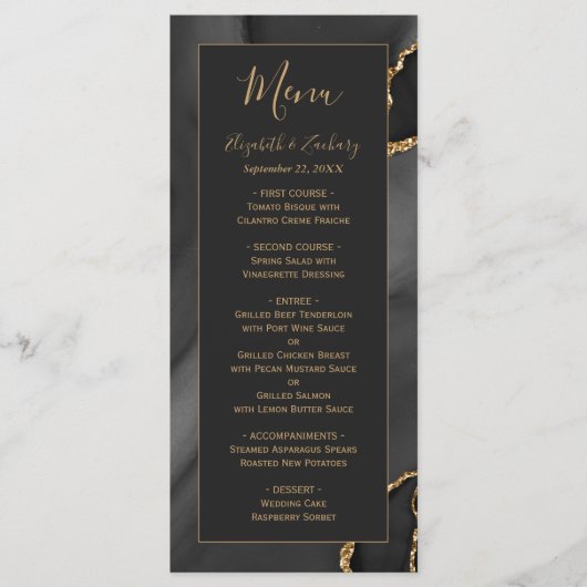 Modern Black Gold Agate Dark Wedding Menu (Voorkant)