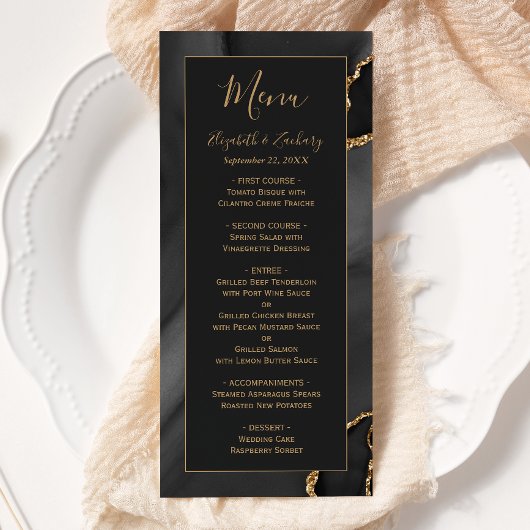Modern Black Gold Agate Dark Wedding Menu