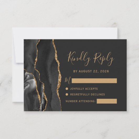 Modern Black Gold Agate Dark Wedding RSVP Kaartje (Voorkant)