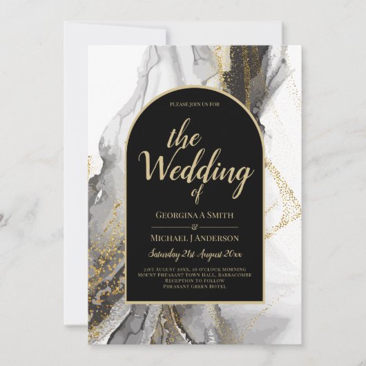 Modern Black Gold Agate Marble Glitter Wedding Kaart (Voorkant)