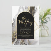 Modern Black Gold Agate Marble Glitter Wedding Kaart (Staand voorkant)