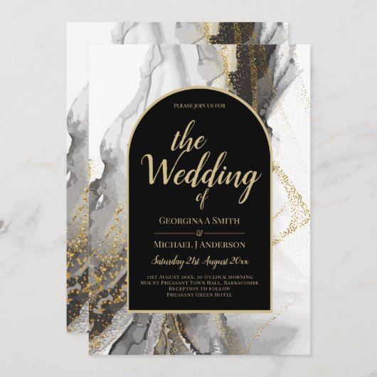 Modern Black Gold Agate Marble Glitter Wedding Kaart (Voorkant / Achterkant)