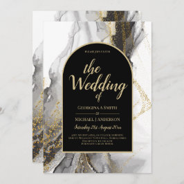 Modern Black Gold Agate Marble Glitter Wedding Kaart