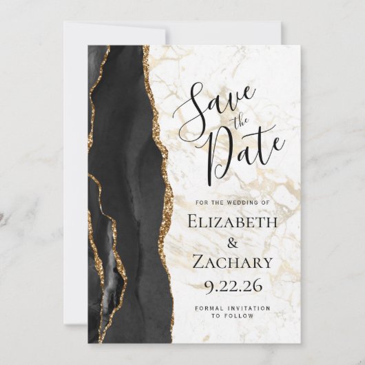 Modern Black Gold Agate Marble Save the Date (Voorkant)