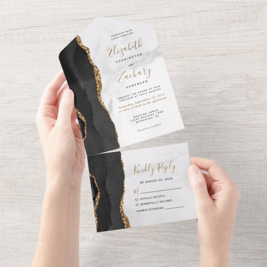 Modern Black Gold Agate Marble Wedding All In One Uitnodiging (Afscheurbaar)