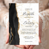 Modern Black Gold Agate Marble Wedding Kaart
