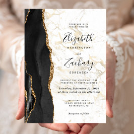 Modern Black Gold Agate Marble Wedding Kaart
