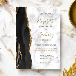 Modern Black Gold Agate Marble Wedding Kaart