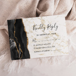 Modern Black Gold Agate Marble Wedding RSVP Kaartje