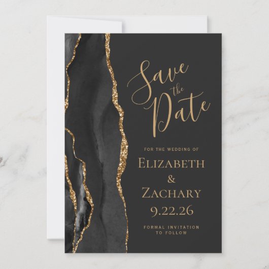 Modern Black Gold Agate Photo Dark Save the Date (Voorkant)