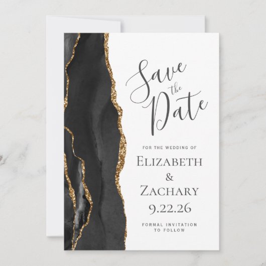 Modern Black Gold Agate Photo Save the Date (Voorkant)
