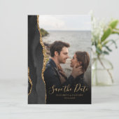 Modern Black Gold Agate Photo Save the Date Kaart (Staand voorkant)