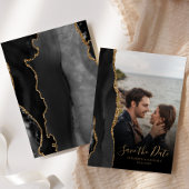 Modern Black Gold Agate Photo Save the Date Kaart