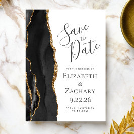Modern Black Gold Agate Save the Date Kaart