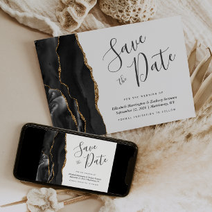 Modern Black Gold Agate Save the Date Kaart